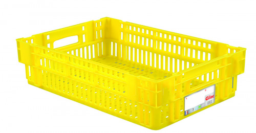 Caisse ajourée Sans couvercle jaune plastique 60x40x14,6 cm 27 L fond ajouré parois ajourées Gilac